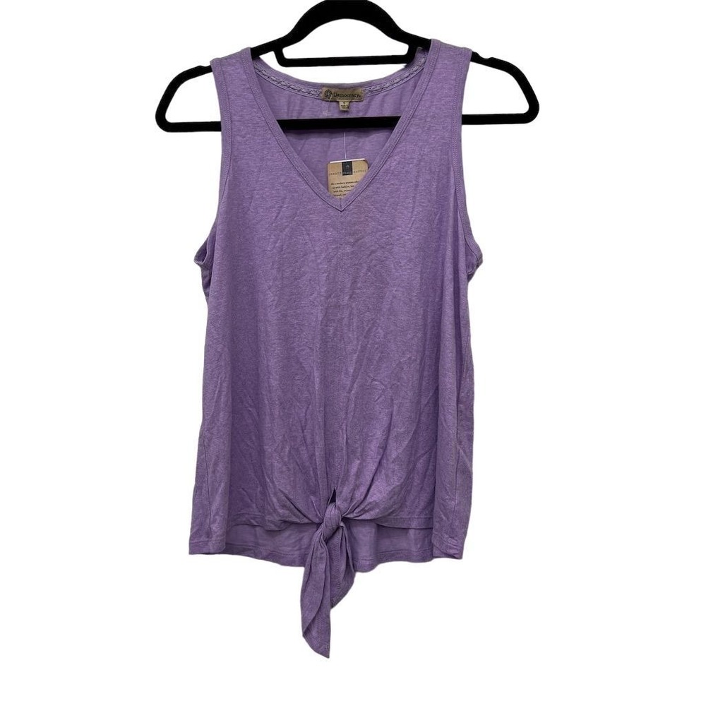 Democracy Womens Tank Top Small Purple V-Neck Linen Blend Front Tie Knot